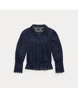 RRL Embroidered Cotton Voile & Lace Blouse - Blue
