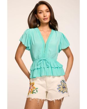 Ramy Brook Emberly Embellished Short Sleeve Top - Blue