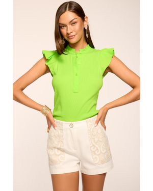 Ramy Brook Monroe Cotton Knit Combo Flutter Sleeve Top - Green
