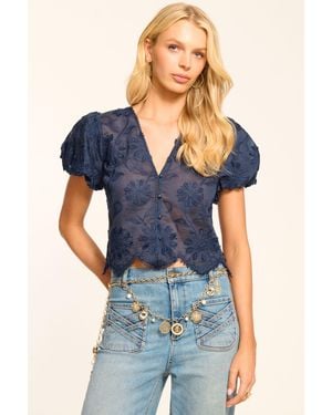 Ramy Brook Chrissie Embroidered Organza Short Sleeve Top - Blue