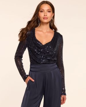 Ramy Brook Leon Beaded Sequin Cowl Neck Top - Blue