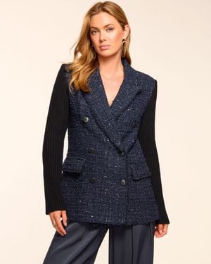 Ramy Brook Elsa Tweed Knit Combo Double Breasted Blazer - Blue