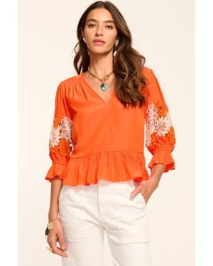 Ramy Brook Berry Embroidered Short Sleeve Blouse - Orange