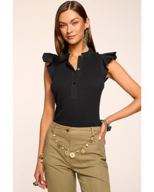 Ramy Brook Monroe Cotton Knit Combo Flutter Sleeve Top - Black