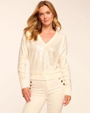 Ramy Brook Delphina Sequin V-Neck Long Sleeve Top - Natural