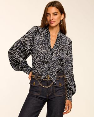 Ramy Brook Aura Burnout V-Neck Long Sleeve Blouse - Black