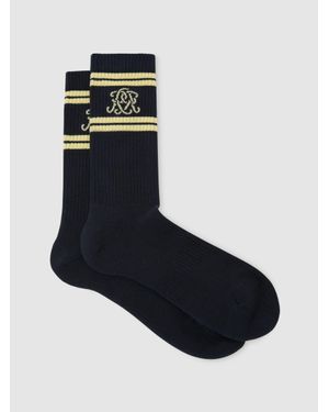Reiss Monogram Cotton-Blend Ribbed Socks, S & M - Black