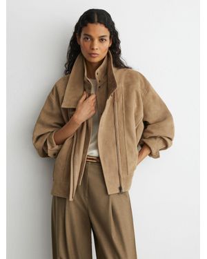 Reiss Suede Double-Layer Relaxed-Fit Jacket - Natural