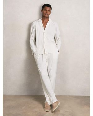Reiss Plissé Wide Leg Trousers - Natural