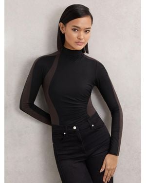 Reiss Chocolate Stretch-Lyocell Panel Ruched Bodysuit - Black