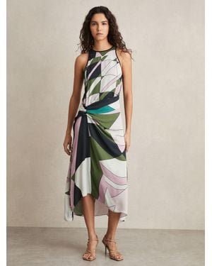 Reiss Geometric Print Gathered Midi Dress - Natural