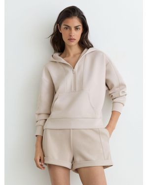 Reiss Premium Interlock Half-Zip Hoodie - Natural