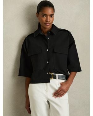 Reiss Cropped Twill Shirt Jacket - Black