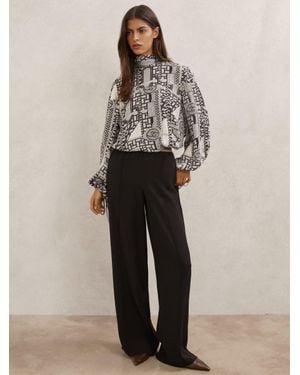 Reiss Tile-Print Balloon-Sleeve Blouse - Natural
