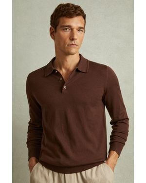 Reiss Trafford - Treacle Brown Merino Wool Polo Shirt, L