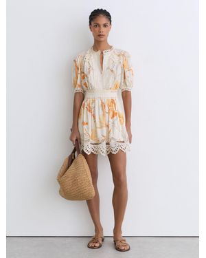 Reiss Floral-Print Lace-Trim Mini Dress - White