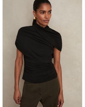 Reiss Zuri - Black Stretch Lyocell Draped Top, Us 12