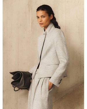 Reiss Herringbone Linen-Blend Cropped Suit Blazer - White