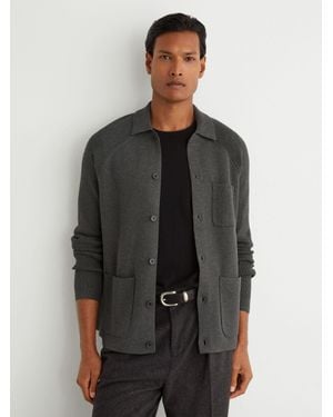 Reiss Rib-Knit Detail Button-Through Cardigan - Grey