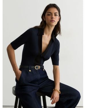 Reiss Denny - Navy/black Jersey Colour-block Half-zip Polo Top, Us 8 - Blue