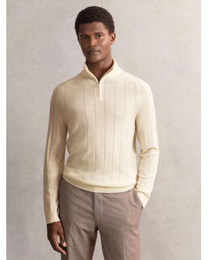 Reiss Merino Wool Wide-Rib Half-Zip Jumper - Natural