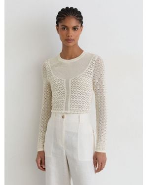 Reiss Bella - Ivory Pointelle-knit Long-sleeve Top, M (us 8-10) - White