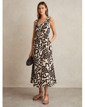 Reiss Akari - Brown/ivory Linen-blend Printed Shirred Midi Dress, Us 10 - Natural