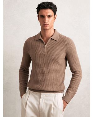 Reiss Wool Waffle-Knit Half-Zip Polo Shirt - Brown