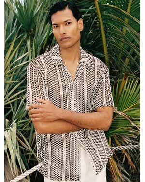 Reiss Aetos - Dark Brown Crochet Stripe Cuban-collar Shirt, S - Grey