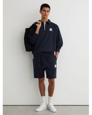 Reiss Monogram Embroidered Cotton Shorts - Blue