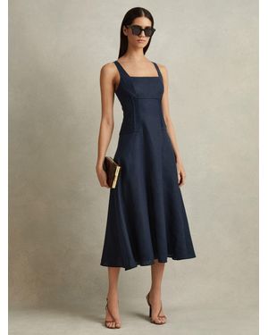 Reiss Etta - Navy Linen Corset Midi Dress - Blue