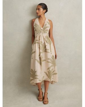 Reiss Carla Palm-Print Linen Midi Dress in White | Lyst UK