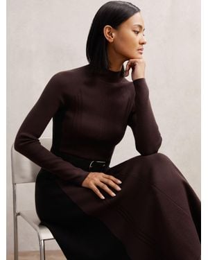 Reiss Zaya - Plum Purple/black Petite Knitted Contrast-panel Midi Dress, L (us 12-14)