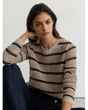 Reiss Skylar - Neutral/navy Cotton-blend Open-knit Stripe Jumper, Xs (us 2) - Multicolour