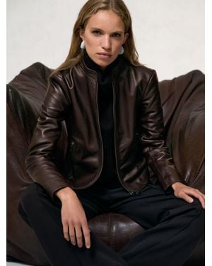 Reiss Allie - Chocolate Brown Petite Leather Collarless Biker Jacket, Us 4