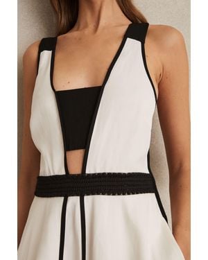 Reiss Contrast-Trim Flared Midi Dress With Linen - Natural