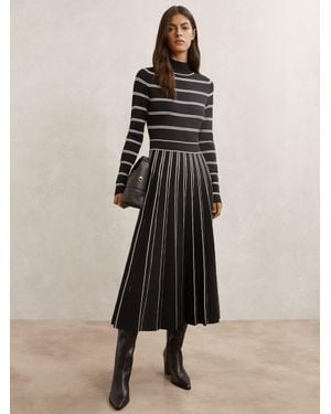 Reiss Stripe Pleated Knitted Midi Dress - Natural