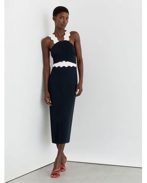 Reiss Contrast Wave-Trim Fitted Midi Dress - White