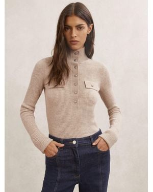 Reiss Wool Funnel-Neck Half-Button Jumper - Blue