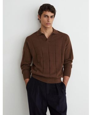 Reiss Wool Square-Textured Open-Collar Polo Jumper - Brown