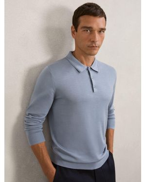Reiss Merino Wool Long-Sleeve Polo Shirt - Blue