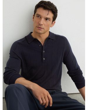 Reiss Merino Wool Wide-Rib Polo Jumper - Blue