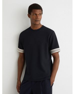 Reiss Aries - Navy Textured Tape-cuff Modern-fit T-shirt, M - Blue