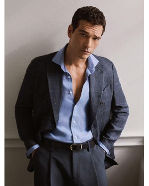 Reiss Adoro - Navy Linen Check Double-breasted Tailored-fit Blazer, 42 - Blue