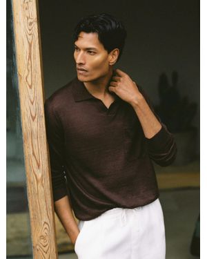 Reiss Oaklands - Chocolate Brown Linen Open-collar Regular-fit Polo Shirt, M - Multicolour