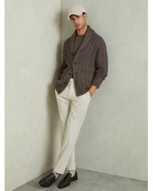 Reiss Armitage - Taupe Melange Cabled Shawl-collar Cardigan With Cotton And Wool, M - Multicolour