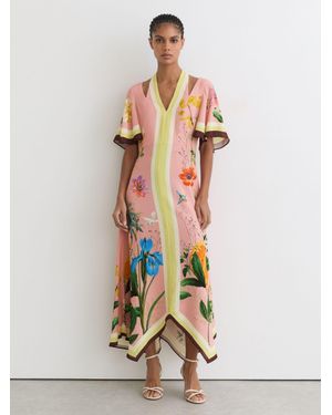 Reiss Flossy - Pink Floral-print Cut-out Midi Dress, Us 4 - White