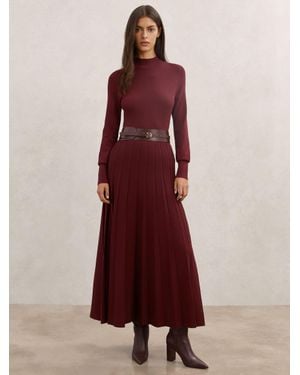 Reiss Petite Belted Knit Pleated Midi Dress - Red