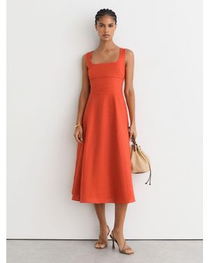 Reiss Dorethea - Coral Orange Linen Square-neck Midi Dress, Us 8 - White