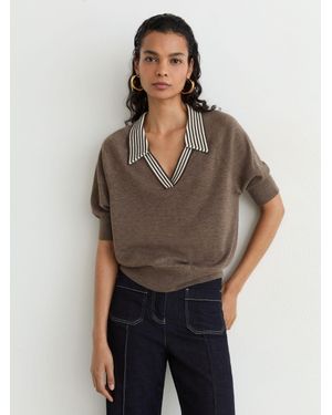 Reiss Wool Open-Collar Short-Sleeve Polo Shirt - Grey